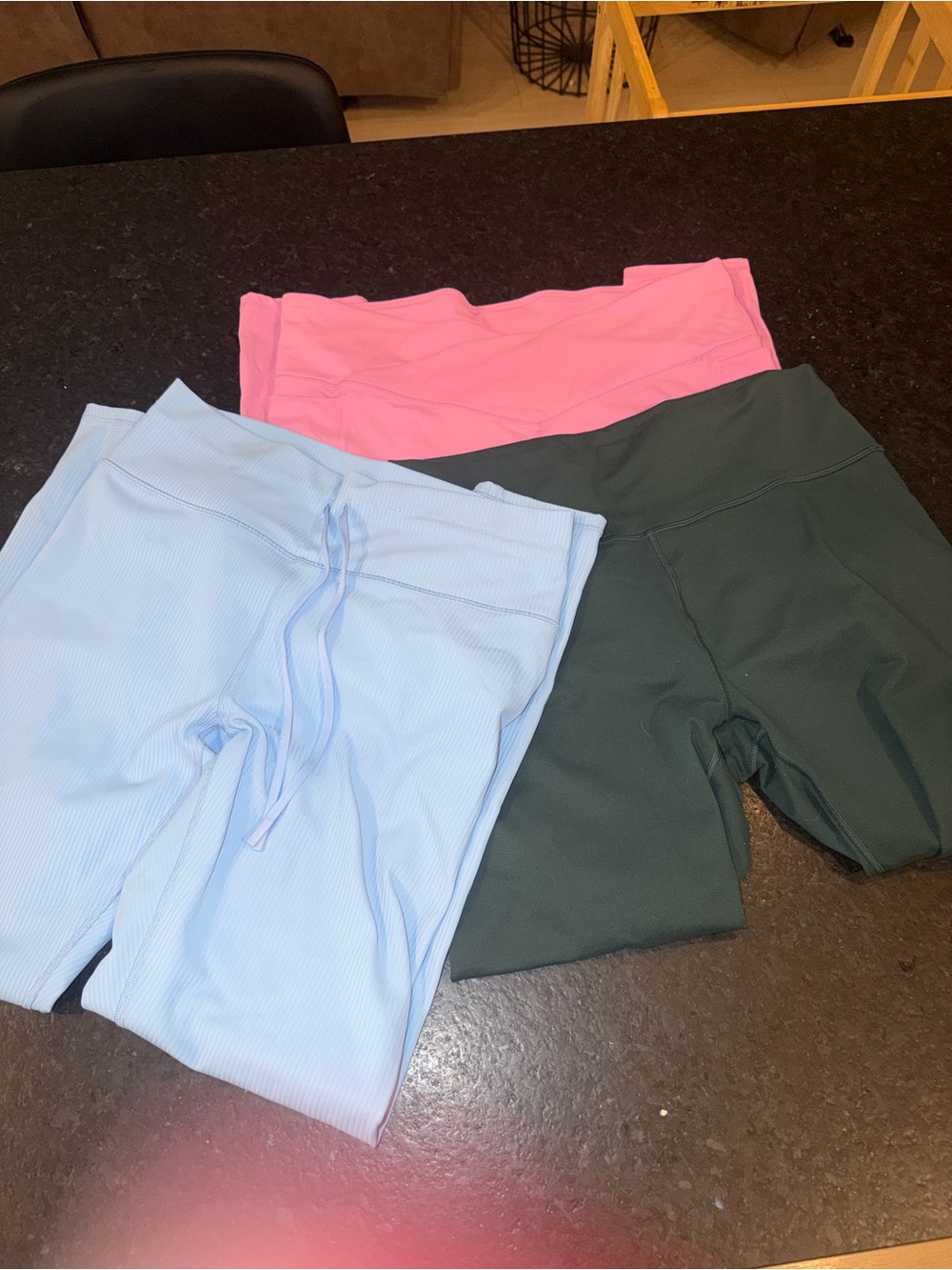 3-Pack Fabletics Leggings in Light Blue, Pink, and Dark Green